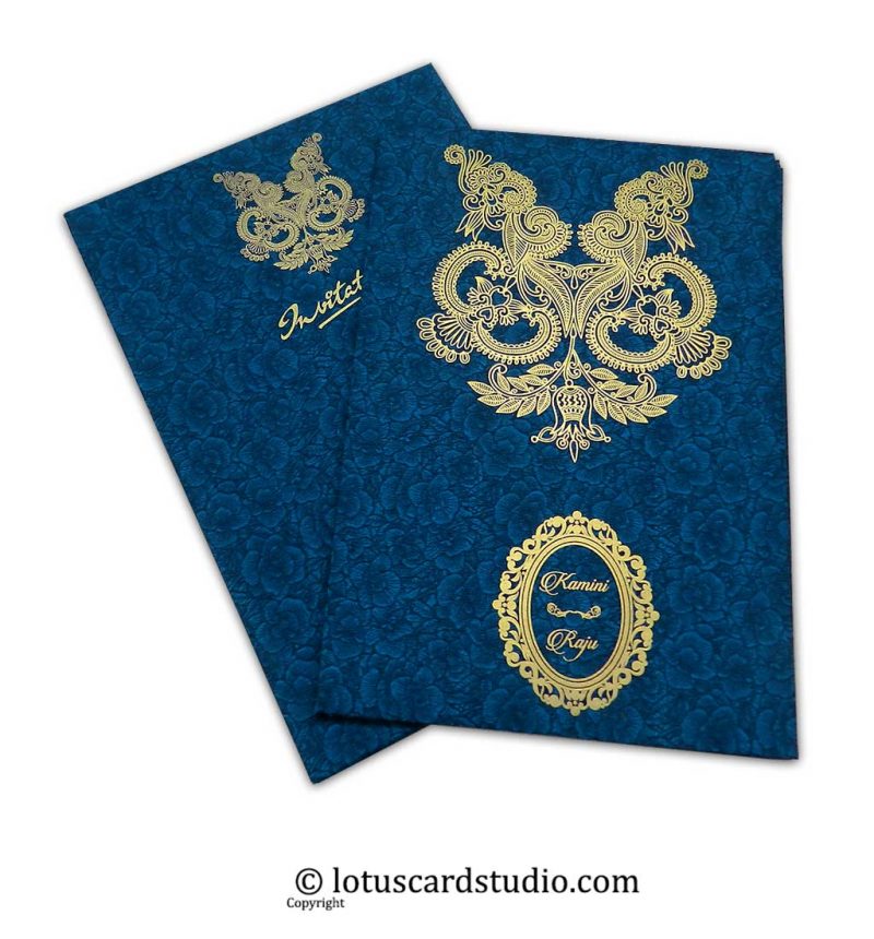 Floral Flocked Designer Wedding Invitation Card in Blue