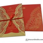 Laser Cut Red and Golden Wedding Card with Ribbon