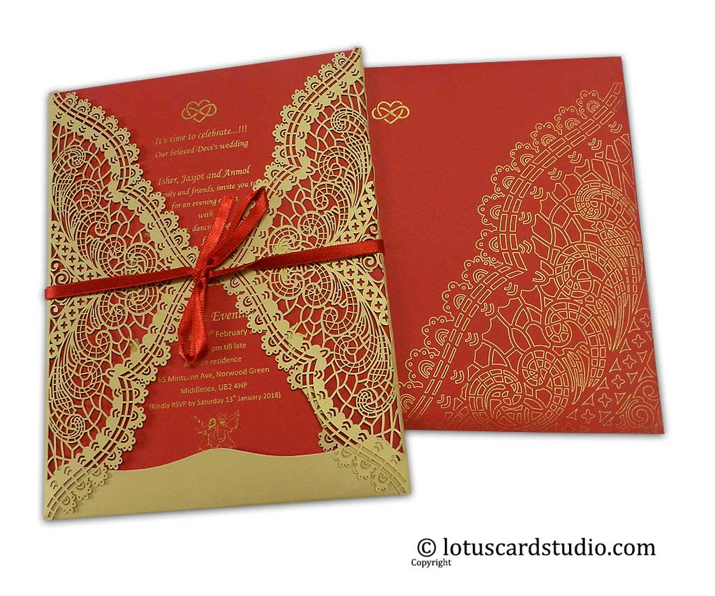 Laser Cut Red and Golden Wedding Card with Ribbon