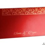 Envelope front of Laser Cut Wedding Card in Royal Red
