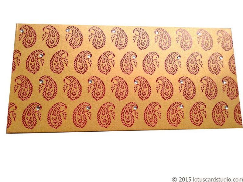 Front view of Paisley Theme Shagun Envelope in Rich Gold