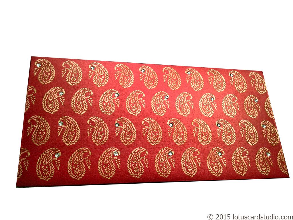 Front view of Paisley Theme Shagun Envelope in Royal Red
