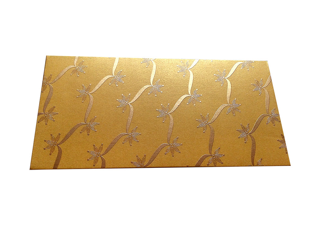 Front view of Rich Golden Shagun Envelope with Dazzling Floral Vines