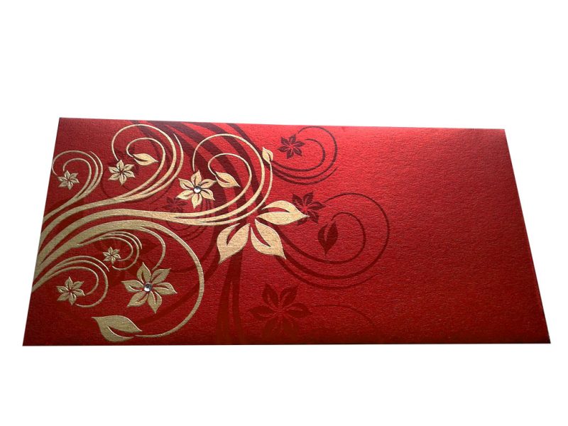 Front view of Elegant Designer Envelope in Red with Golden Floral