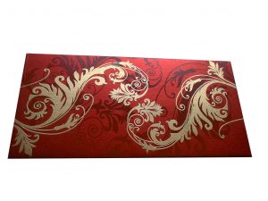 Front view of Indian Money Envelope in Royal Red with Designer Floral Theme