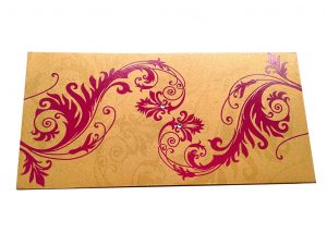 Front view of Indian Money Envelope in Rich Gold with Designer Floral Theme