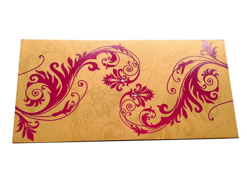 Front view of Indian Money Envelope in Rich Gold with Designer Floral Theme