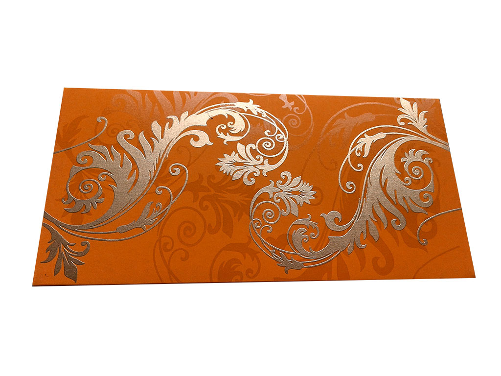 Front view of Indian Money Envelope in Amber Orange with Designer Floral Theme