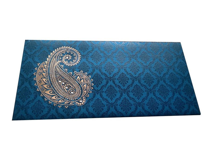 Front view of Paisley and Damask Designer Money Envelope in Imperial Blue