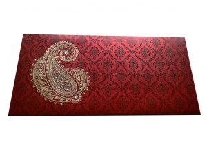 Front view of Paisley and Damask Designer Money Envelope in Royal Red