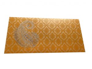 Front view of Paisley and Damask Designer Money Envelope in Rich Gold