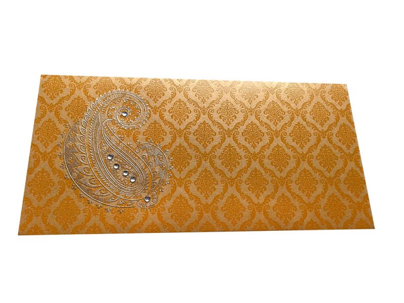 Front view of Paisley and Damask Designer Money Envelope in Rich Gold