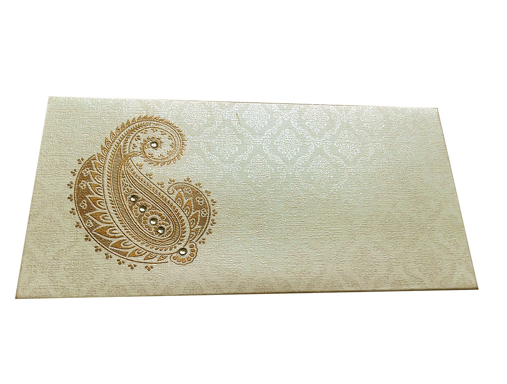 Front view of Paisley and Damask Designer Money Envelope in Ivory