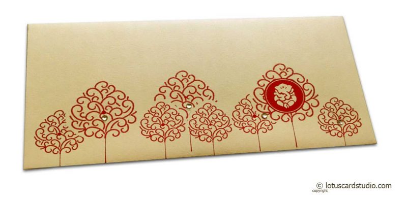 Front view of Ganesha Shagun Envelope on Bright Beige and Red Trees
