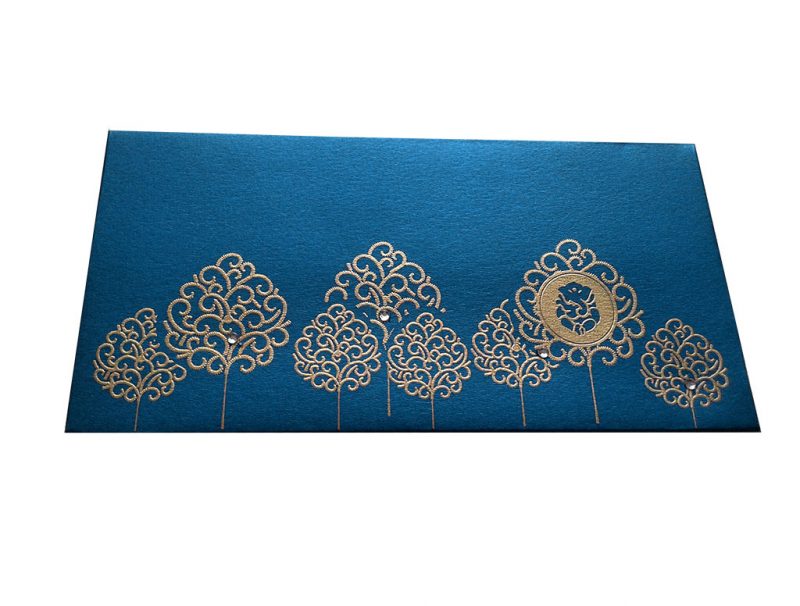 Front view of Ganpati and Trees Designer Shagun Envelope in Imperial Blue