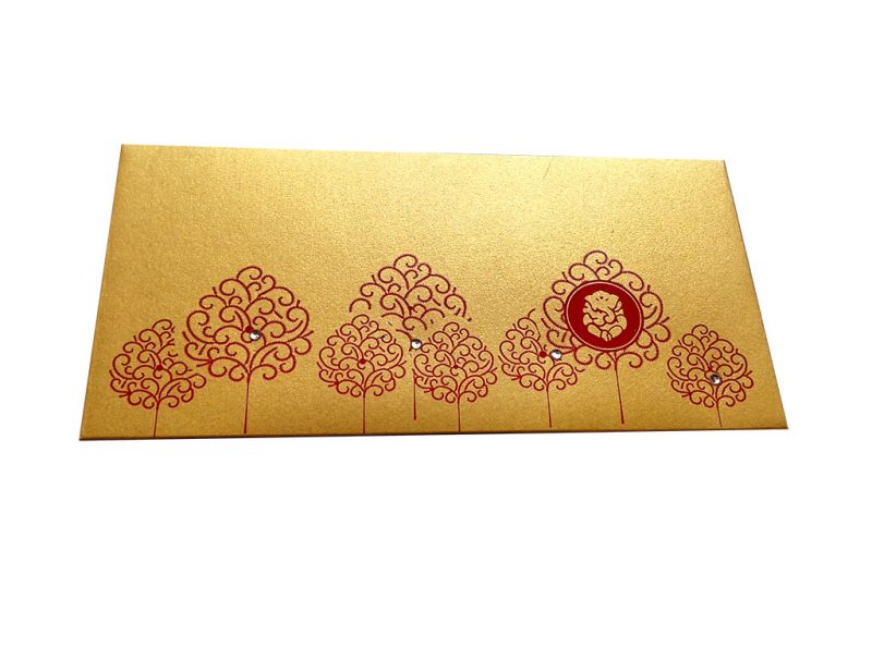 Front view of Ganpati and Trees Designer Shagun Envelope in Rich Gold