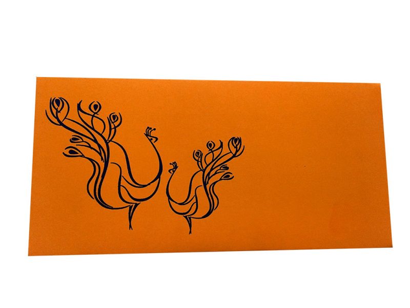 Front view of Shagun Envelopes in Amber Orange with Peacock Pair