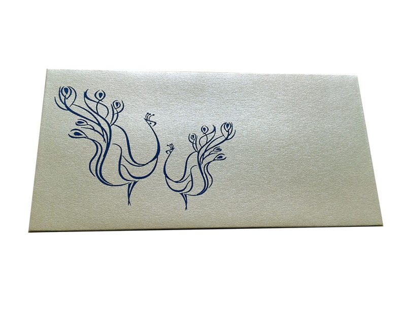 Front view of Shagun Envelopes in Pearl Ivory with Peacock Pair