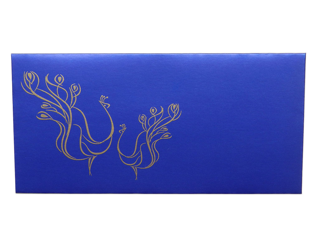 Front view of Gift Envelopes in Sapphire Blue with Golden Peacocks