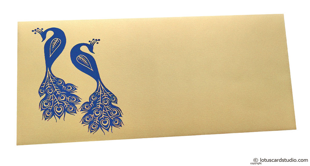 Front view of Money Envelope in Bright Beige with Blue Peacocks