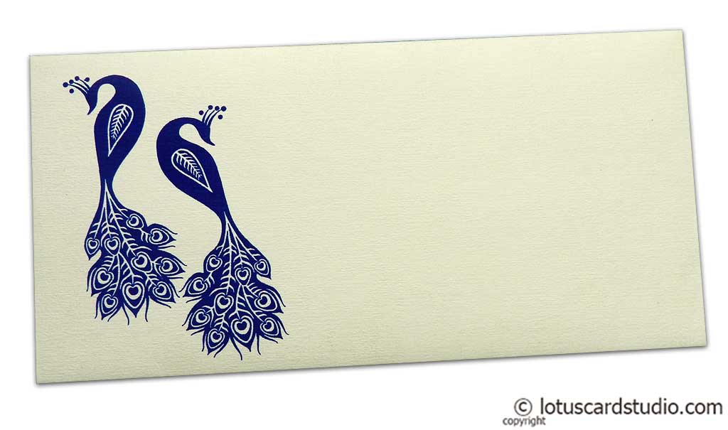 Front view of Money Envelope in Ivory with Blue Peacocks