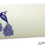 Front view of Money Envelope in Ivory Pearl with Blue Peacocks