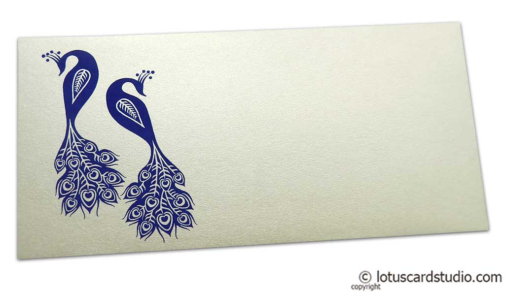 Front view of Money Envelope in Ivory Pearl with Blue Peacocks
