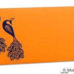 Front view of Money Envelope in Amber Orange with Blue Peacocks