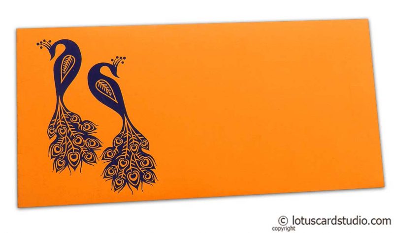 Front view of Money Envelope in Amber Orange with Blue Peacocks