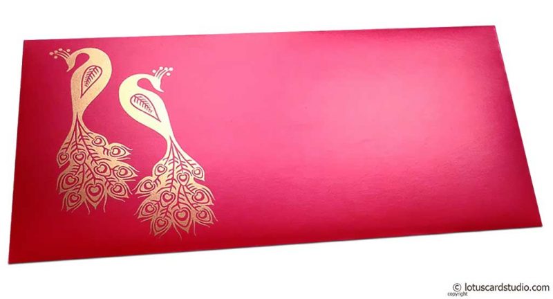 Front view of Money Envelope in Red with Golden Peacocks