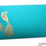 Front view of Money Envelope in Teal with Golden Peacocks
