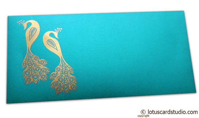 Front view of Money Envelope in Teal with Golden Peacocks