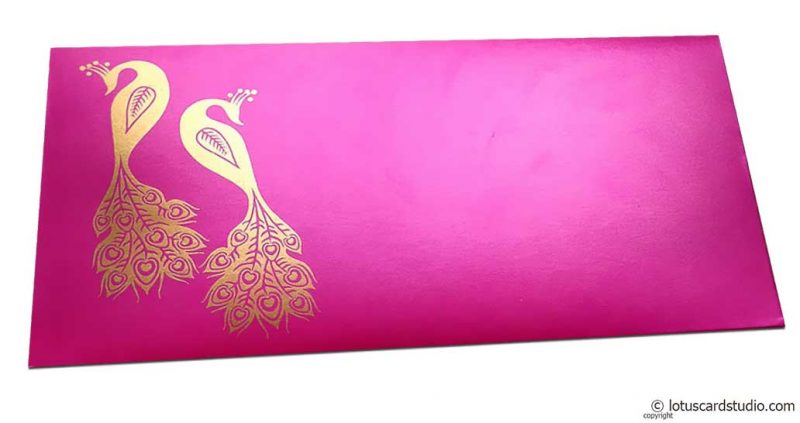 Front view of Money Envelope in Mexican Pink with Golden Peacocks