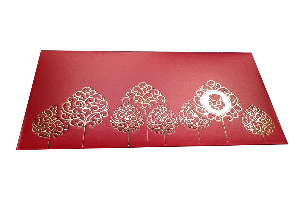 Front view of Ganpati and Trees Designer Shagun Envelope in Classic Red