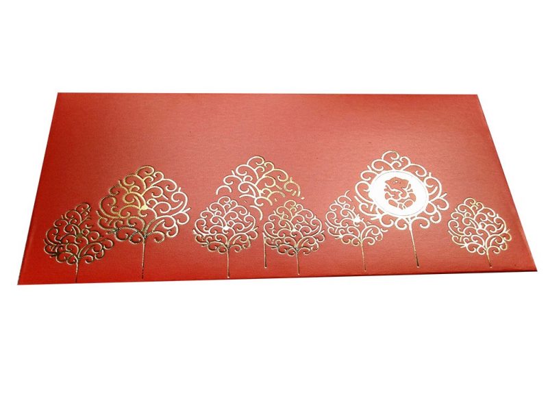 Front view of Ganpati and Trees Designer Shagun Envelope in Classic Orange
