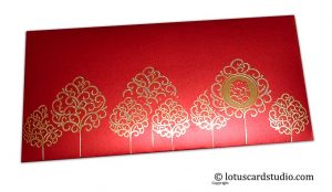 Front view of Ganpati and Trees Designer Shagun Envelope in Royal Red