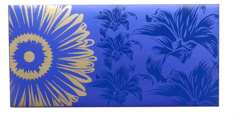 Front view of Beautiful Imperial Blue Color Envelope with Golden Blossom Flower