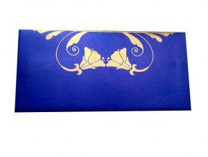 Front view of Shagun Envelope in Imperial Blue Color Having Golden Tulip Flowers