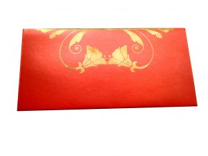 Front view of Shagun Envelope in Classic Orange Color Having Golden Tulip Flowers