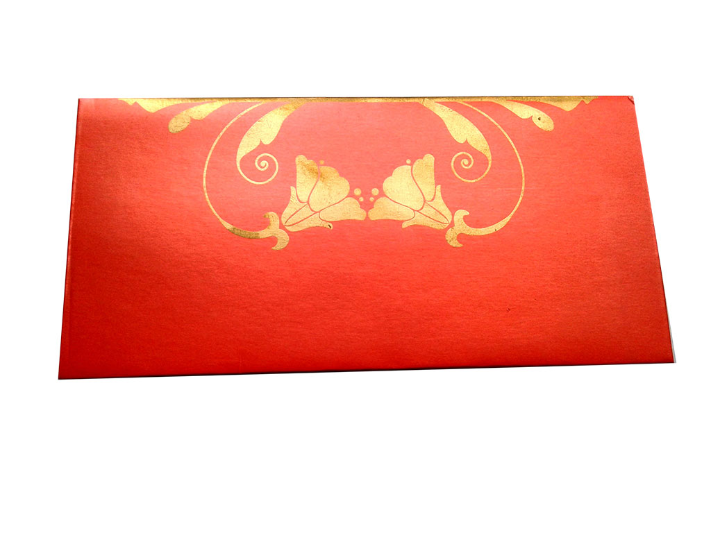 Front view of Shagun Envelope in Classic Orange Color Having Golden Tulip Flowers