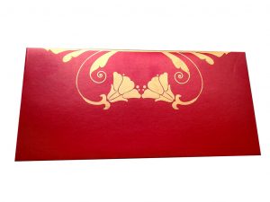 Front view of Shagun Envelope in Classic Red Color Having Golden Tulip Flowers