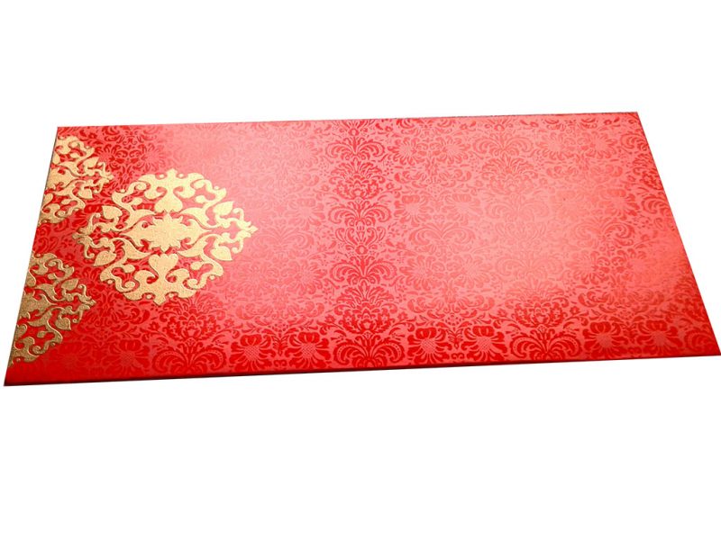 Front view of Shagun Envelope in Classic Orange with Classy Floral Design