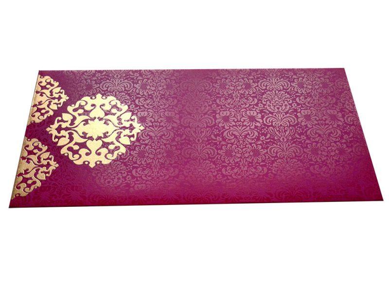 Front view of Shagun Envelope in Mexican Pink with Classy Floral Design