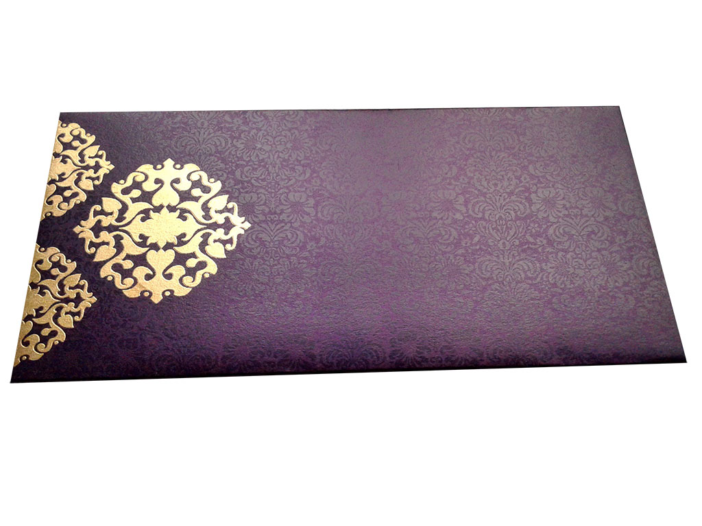 Front view of Shagun Envelope in Royal Purple with Classy Floral Design