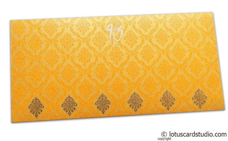 Front view of Damask Pattern Shagun Envelope in Rich Gold