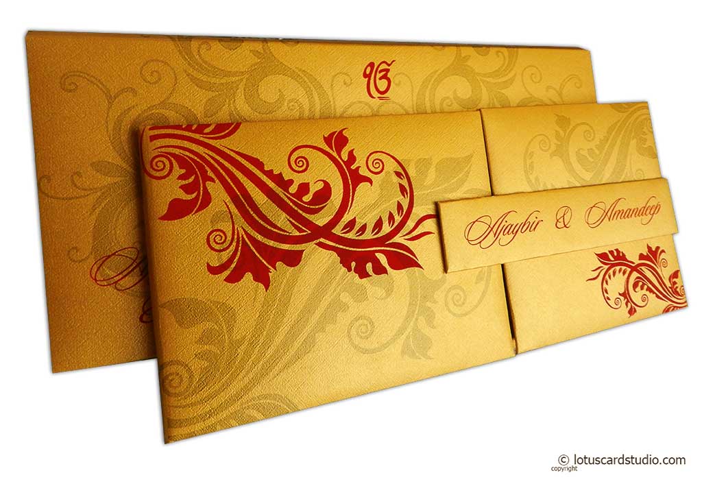 Golden Magnet Dazzling Wedding Invitation Card with Red Florals