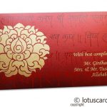 Front view of Shagun Envelope in Royal Red with Golden Flower and Ganpati Mantras