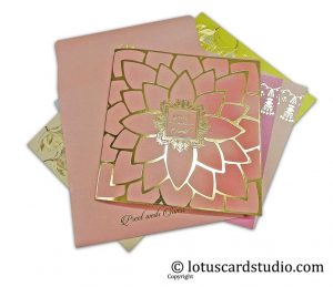 Blooming Peach Golden Lotus Wedding Card