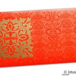 Front view of Wedding Money Envelope in Classic Orange with Classy Golden Flower