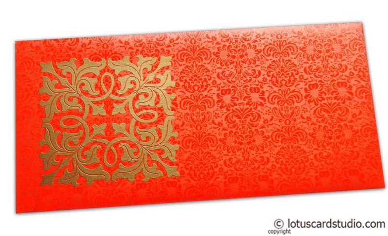 Front view of Wedding Money Envelope in Classic Orange with Classy Golden Flower
